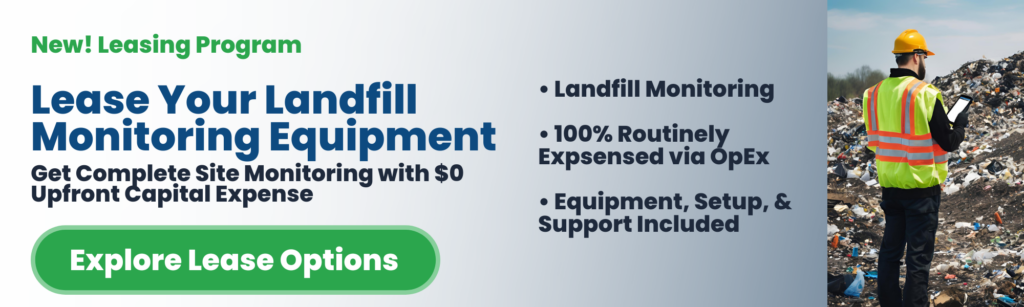 This is a promotional web banner for a new leasing program. The background transitions from white on the left to light blue on the right. On the left side, large blue text reads, "Lease Your Landfill Monitoring Equipment," with a subheadline stating, "Get Complete Site Monitoring with $0 Upfront Capital Expense." Below this is a green button that says, "Explore Lease Options." The center of the banner lists three bullet points: • Landfill Monitoring • 100% Routinely Expensed via OpEx • Equipment, Setup, & Support Included On the far right, there is a photograph of a person wearing a yellow hard hat and a high-visibility safety vest, standing in front of a large pile of waste at a landfill while looking at a tablet. Click the image for more information or to sign up.